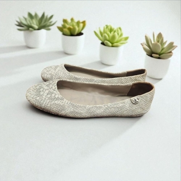 TORY BURCH Travel T Snake Embossed Sparkling Leather Ballet Flats Roccia 9M - Picture 13 of 15